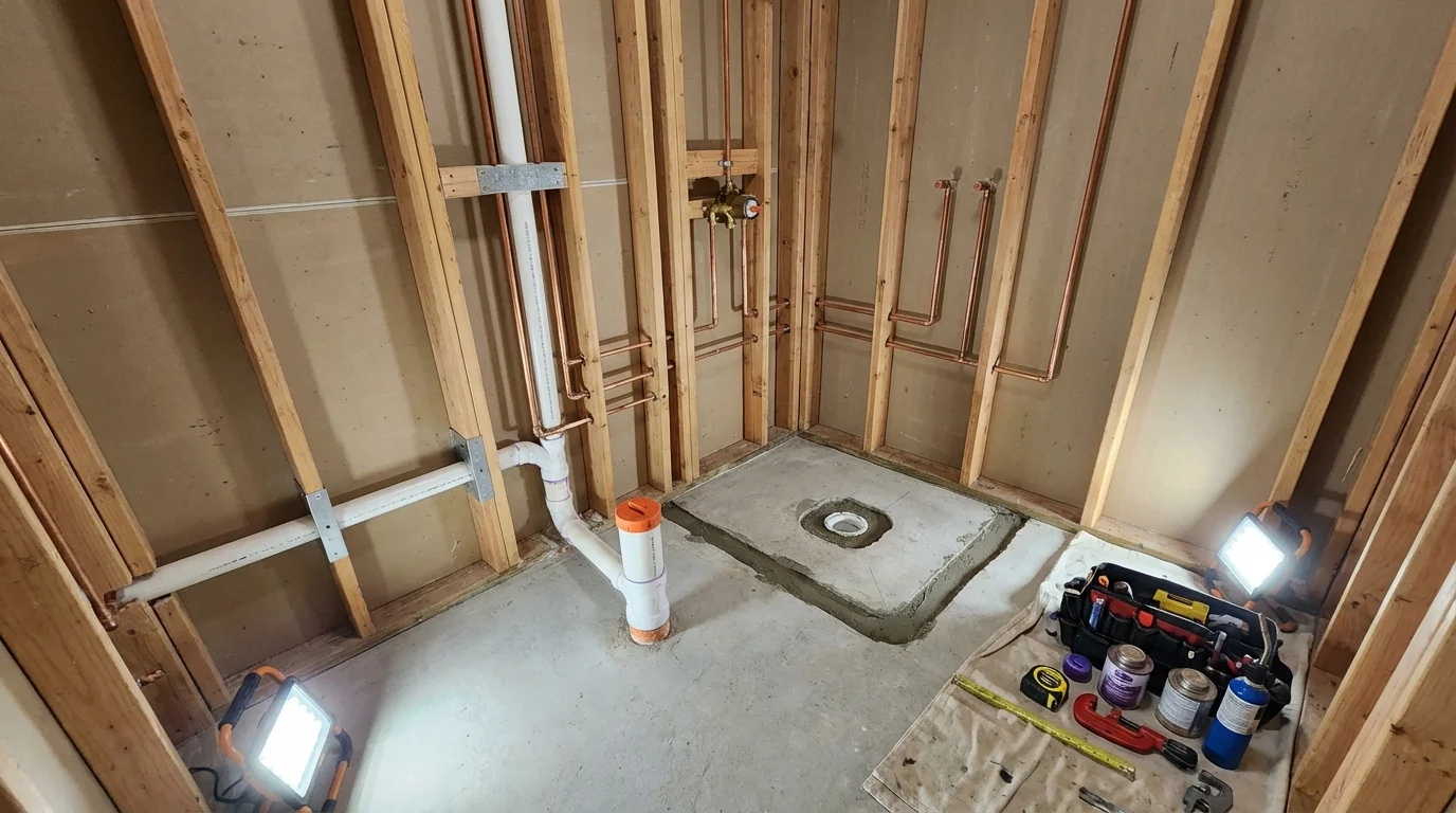 Bathroom rough-in plumbing during remodel by Johns Plumbing LLC in Colonia