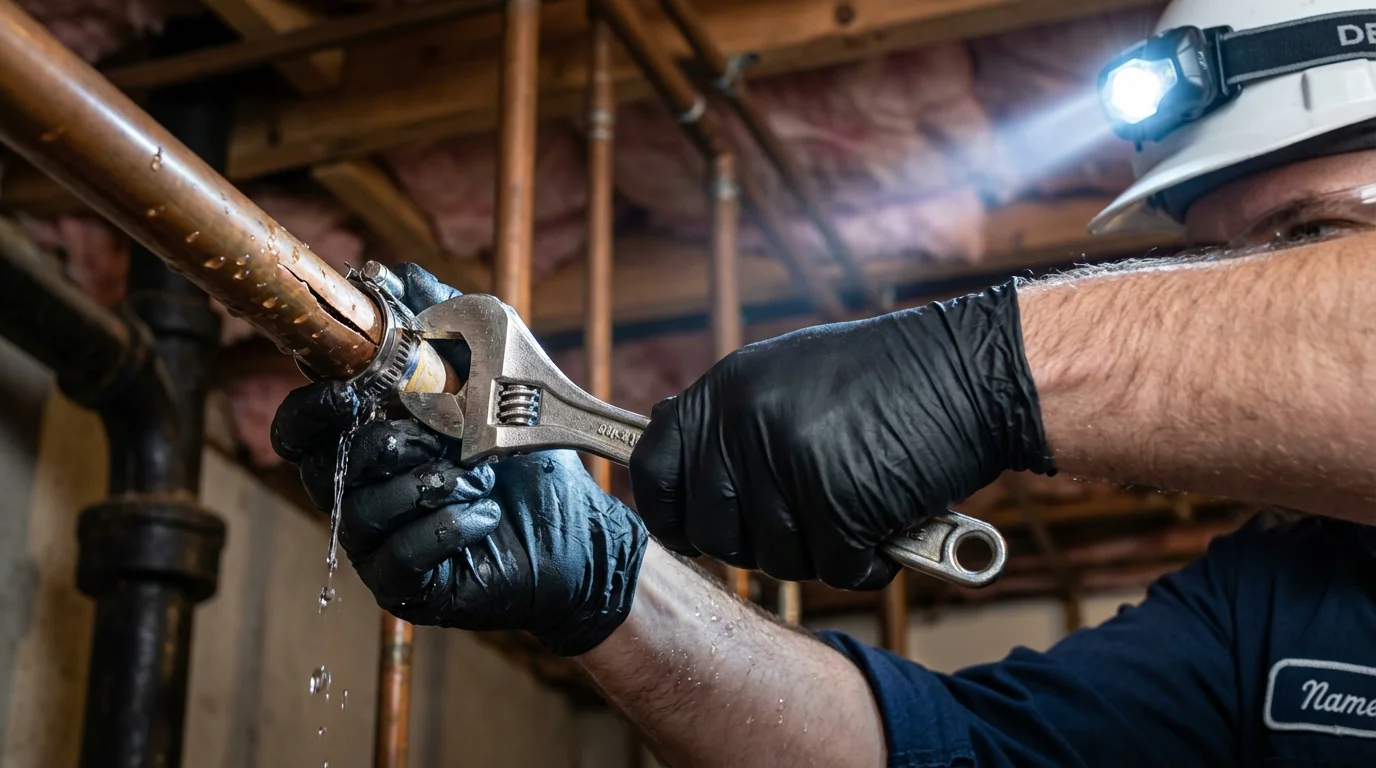 Emergency pipe clamp repair being performed by a Johns Plumbing LLC plumber in Colonia