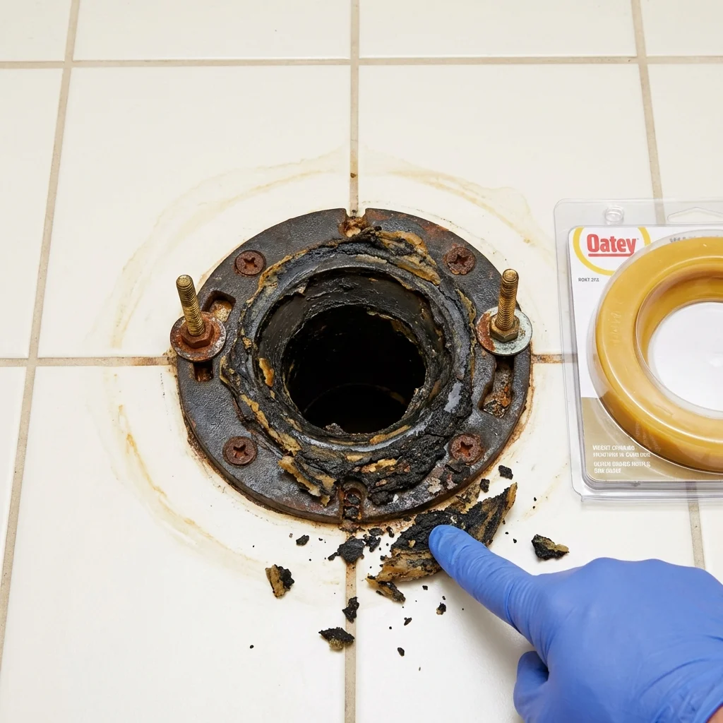 Failed wax ring showing water seepage at the base of a toilet in a Colonia, NJ home